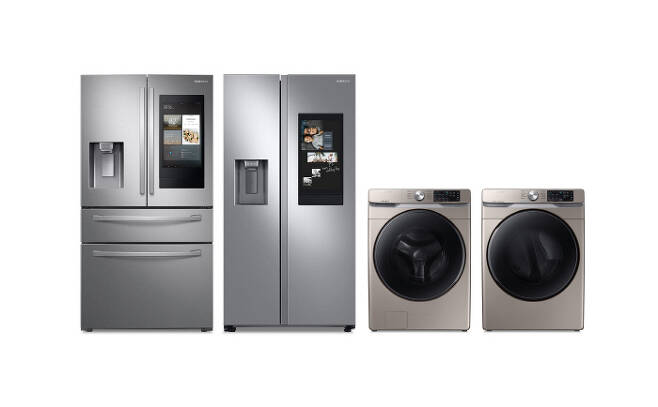 (왼쪽부터) 삼성전자 프렌치도어 냉장고, 양문형 냉장고 , 세탁기, 건조기. [사진제공 = 삼성전자]