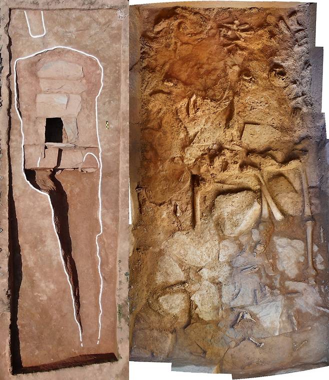 부여 응평리 석실묘 전경(왼쪽), 현실 내부 인골 및 유물 노출 현황. 국립부여문화재연구소 제공