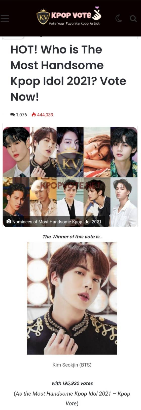 방탄소년단 진, KPOP VOTE '가장 잘생긴 K-POP 아이돌' 1위..역시 美의 남신