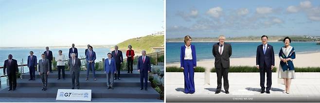 사진 왼쪽부터 G7 정상 단체 사진, 영국 보리스 존슨 총리 부부와 문재인 대통령 부부 / 사진 = 청와대