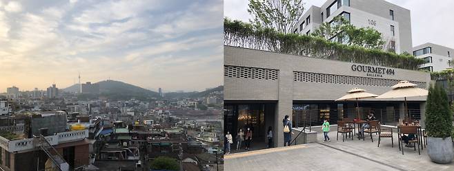 용산구 한남동과 이태원동 일대의 풍경. 서민 주거지와 한남동 고급 아파트 '나인원 한남'(오른쪽) 등 부촌이 서로 이웃해 있다. ⓒ김지나