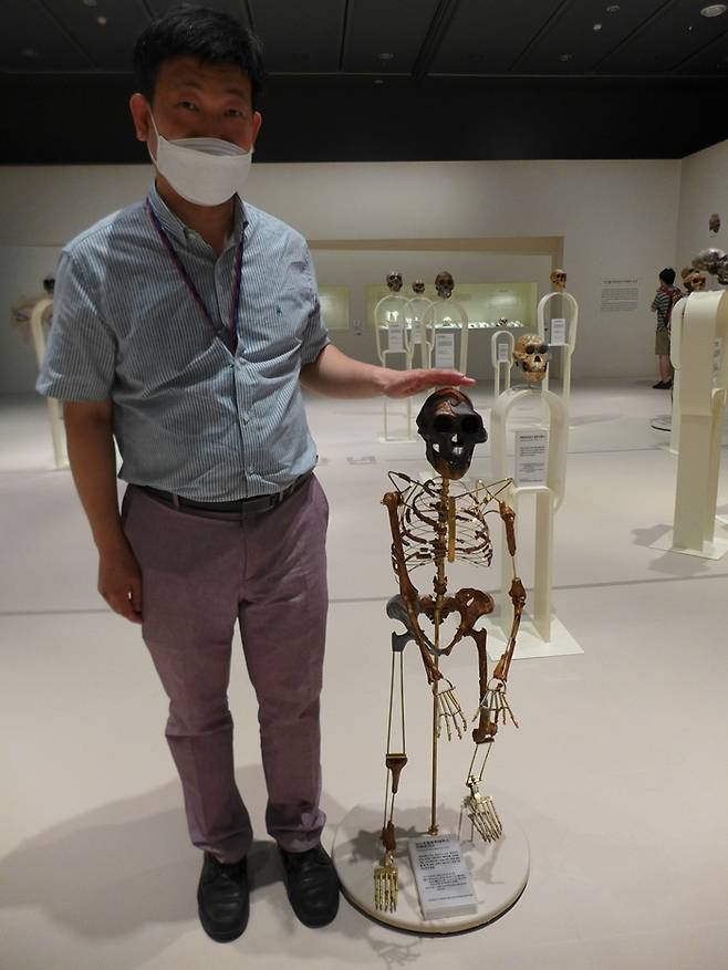 김동완 국립중앙박물관 학예연구사가 실제 크기로 재현된 오스트랄로피테쿠스 화석(루시)에 대해 설명하고 있다.