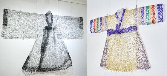 금기숙 유금와당박물관장의 한복 작품. 철사 와이어와 비즈를 활용해 한국적인 아름다움을 표현했다.