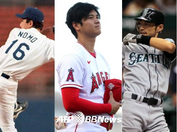 오타니(가운데) 이전 메이저리그에 열풍을 불러일으켰던 1995년의 노모 히데오, 2001년의 스즈키 이치로. ⓒAFPBBNews = News1