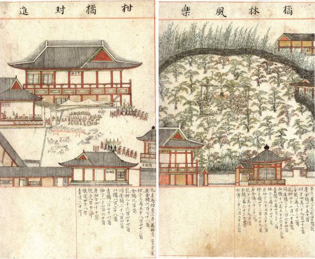 18세기 제주 감귤의 진상 준비 모습을 그린 ‘감귤봉진’(왼쪽). 제주목관아 귤밭에서 벌어진 연희 장면을 그린 ‘귤림풍악’. [제주특별자치도세계유산본부]