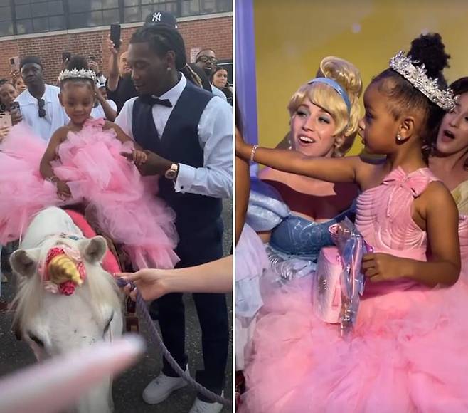 래퍼 카디비의 딸 컬처 키아리가 유니콘으로 장식된 말을 타고 생일파티 장소로 이동하는 모습과 디즈니 공주와 함께 시간을 보내는 모습./사진=카디비 인스타그램