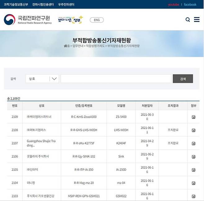 국립전파연구원 홈페이지에서 부적합 방송통신기자재 현황을 확인할 수 있다 (출처=국립전파연구원 홈페이지 캡처)