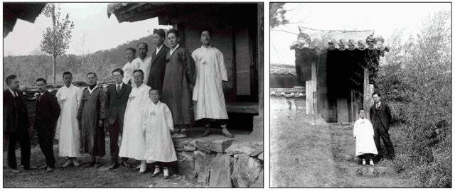 왼쪽은 조선사편수회 일행이 충청남도 아산지방 사료조사 때 충무공 이순신의 종손집을 찾아가 찍은 사진. 오른쪽은 조선사편수회 수사관 나카무라 히데타카(오른쪽)가 이순신 종손과 함께 촬영한 사진. 출처 : 국사편찬위원회 전자도서관