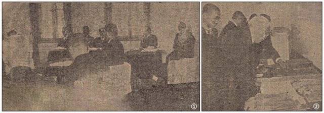 ①1925년 10월 8일 열린 조선사편수회 제1차 회의 모습 ②편수 자료를 살펴보는 사이토 마코토 조선총독(앞쪽) 출처 : 매일신보