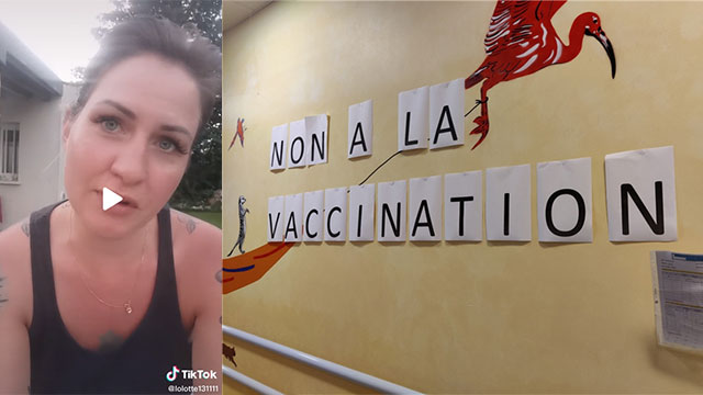 왼쪽: 프랑스 간호사 로라 / 오른쪽: 간호사 휴게실에 걸린 ‘백신 반대’ 문구