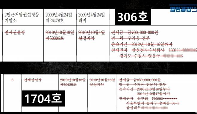 ▲삼성전자가 2010년 10월19일 김건희씨의 서초동 아크로비스타 아파트 306호에 전세권을 설정했던 부동산등기부등본. 사진=열린공감TV 영상 갈무리