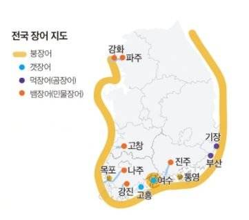 전국 장어지도. 장어 산지를 종류에 따라 지도에 표시했다.