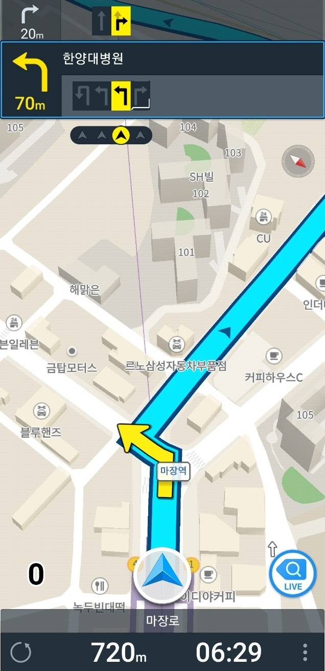 아틀란 내비게이션 앱이 마장역에서 좌회전 후 곧장 우회전해야 하는 경로에서 윗쪽 상단에 3차선을 추천하고 있다. /아틀란 내비게이션 앱 캡처