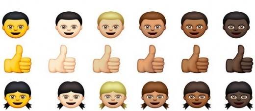 2015년 애플이 공개한 iOS 8.3 베타버전 이모티콘. 가장 왼쪽에 위치한 노란색 얼굴 이모티콘이 황인종으로 간주되면서, ‘얼굴색이 지나치게 노랗다’는 인종비하 논란이 일었다.[애플 iOS 캡처]