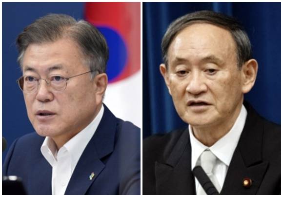 문재인 대통령, 스가 요시히데 일본 총리. 서울신문DB, EPA연합뉴스
