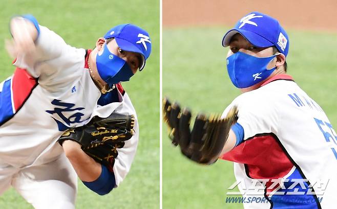 '힘차게 투구하는 독수리 에이스' 20일 서울 고척스카이돔에서 도쿄올림픽에 출전하는 야구대표팀이 훈련을 했다. 대표팀 동료들이 타석에 나선 가운데 라이브 피칭을 선보이고 있는 김민우. 고척=송정헌 기자 songs@sportschosun.com