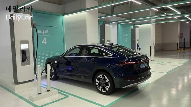 현대차그룹 E-pit 충전소를 이용중인 아우디 e-트론 50 스포트백 콰트로 전기차 </figcation>