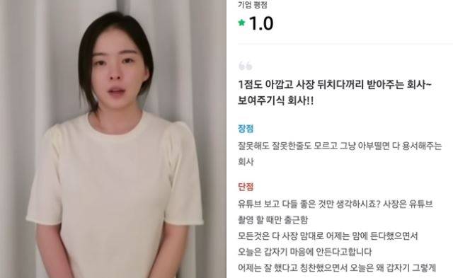 쇼핑몰 '하늘하늘' 대표이자 유튜버인 하늘은 2020년 4월 13일 유튜브 채널을 통해 학교폭력, 직원갑질 등 논란에 대해 사과했다. 오른쪽은 기업정보 공유 사이트 '잡플래닛'에 공개된 '하늘하늘'의 후기 글. 유튜버, 잡플래닛 캡처