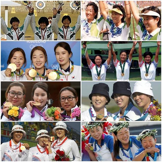 1988 서울올림픽 김수녕, 왕희경, 윤영숙, 1992 바르셀로나올림픽 최연정, 김수녕, 이은경, 1996 애틀랜타올림픽 김조순, 김경욱, 윤혜영2000 시드니올림픽 김수녕, 김남순, 윤미진, 2004 아테네올림픽 이성진, 박성현, 윤미진, 2008 베이징올림픽 주현정, 박성현, 윤옥희, 2012 런던올림픽 최현주, 기보배, 이성진, 2016 리우올림픽 장혜진, 최미선, 기보배 선수.(사진 왼쪽위부터 시계방향으로)./조선일보DB