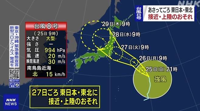 대형으로 발달한 8호 태풍 ‘네타팍’이 오는 27일 올림픽이 한창 열리고 있는 도쿄에 상륙할 전망이다.NHK 갈무리