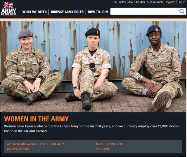 영국 국방부의 여군 모병 홍보 홈페이지. 영국 국방부 홈페이지 캡처