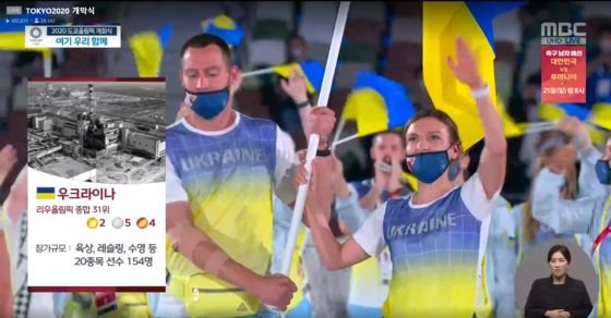 23일 열린 도쿄올림픽 개막식에서 우크라이나 선수들이 입장하는 화면 옆에 체르노빌 핵 발전소 사진이 나란히 걸렸다. 사진 MBC 방송화면 캡처.