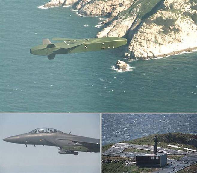 우리 공군 F-15K에서 타우러스 장거리 공대지 미사일을 발사해 표적을 명중하는 장면