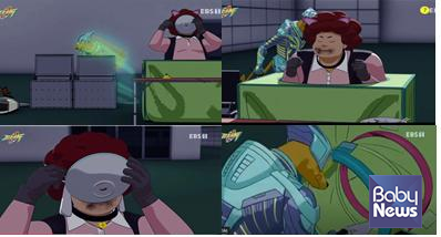 포텐독 24화 '개똥 테러 사건'(2021년 6월 18일 방영) 중 뽀그리(분홍 옷)가 기네스(개)에게 돈을 받고 공개적으로 배변하는 장면. ⓒ정치하는엄마들