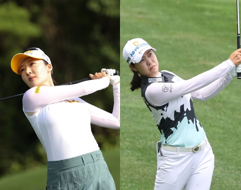 2021년 한국여자프로골프(KLPGA) 투어 제주삼다수 마스터스 골프대회에 출전한 오지현, 박민지 프로가 1라운드에서 경기하는 모습이다. 사진제공=KLPGA