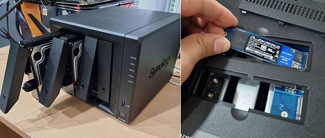 DS420+는 4개의 3.5 인치 베이와 더불어 2개의 SSD 캐싱용 M.2 슬롯을 갖췄다