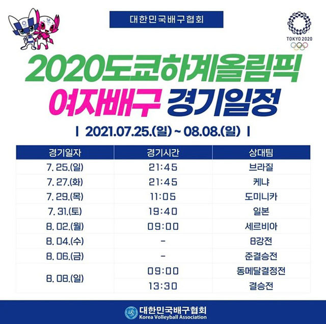 2020 도쿄올림픽 한국 여자배구대표팀 경기일정.(자료출처=대한배구협회).