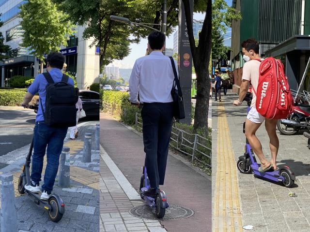 헬멧을 착용하지 않은 채 공유 전동 킥보드를 타다가 사고를 당하는 사람이 늘고 있다. 한국일보 자료사진