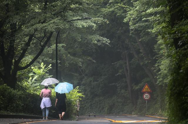 비가 내린 1일 오후 서울 중구 남산에서 우산을 쓴 시민들이 발걸음을 옮기고 있다. 뉴시스