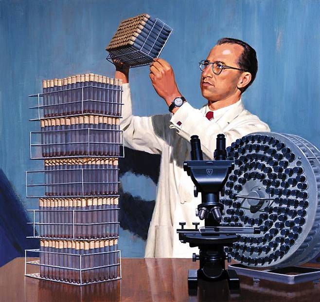 미 펜실베이니아주 피츠버그에서 소아마비 백신 연구에 몰두하는 조너스 소크. 뉘른베르크 전범 재판 그림으로 명성 높은 미국 일러스트레이터 에드워드 베벨의 1955년 작. /게티이미지 코리아