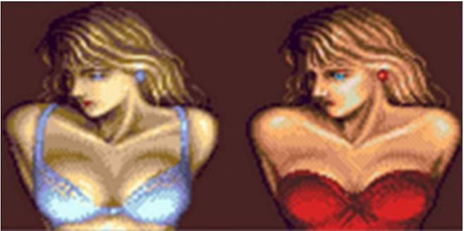 (일본판 (좌)와 검열때문에 붉은색 드레스를 입고 출시된 북미판 (우))