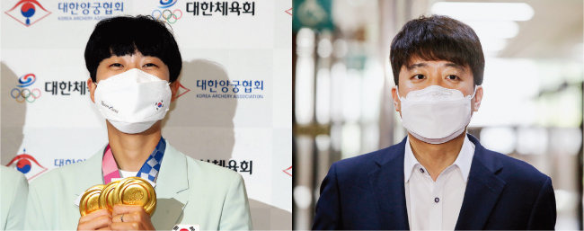 2020 도쿄올림픽에서 3관왕을 달성한 양궁 국가대표 안산 선수(왼쪽)와 국민의힘 이준석 대표. [뉴스1]