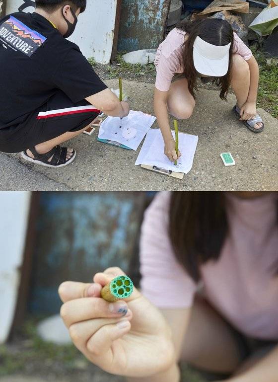 소중 학생기자단이 물에 사는 식물(수생 식물)인 연 줄기를 잘라 그 단면을 천에 찍어 통기조직 구조를 관찰했다.