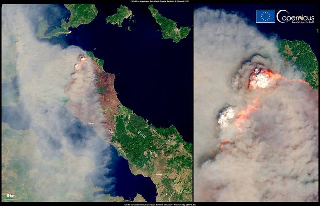 그리스 에비아 섬 대규모 화재 모습을 담은 위성 사진. [로이터]