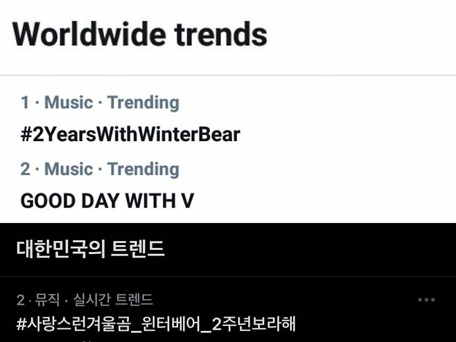 방탄소년단 뷔 자작곡 'Winter Bear' 발매 2주년..축하 메시지 전세계 트렌드 점령 '#2YearsWithWinterBear'