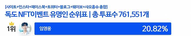 임영웅, D-4 '독도 NFT 작품에 이름을 함께 올리고 싶은 스타' 1위..최종 1위 기대UP[8월11일]