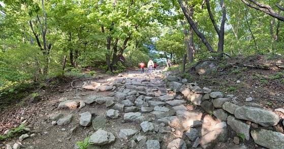 한 가족이 지난 5월 2일 북한산 백운대를 다녀온 뒤 하루재를 넘어 도선사 주차장 방향으로 하산하고 있다.