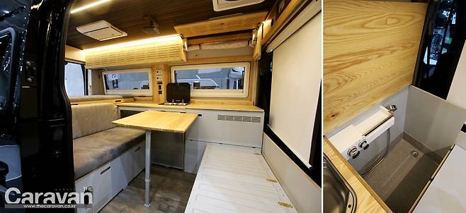 넓은 거실 공간과 슬라이딩 확장 테이블/ 가변형 샤워실이 추가된 모습