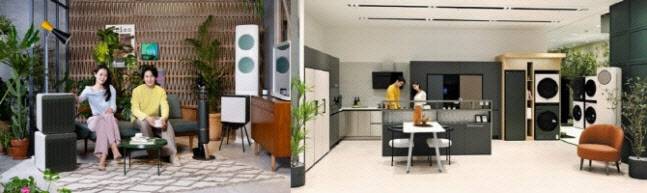 삼성디지털프라자 강남본점의 비스포크 홈 신제품들(왼쪽)과 더 현대 서울에 마련된 ‘LG 오브제컬렉션’ 체험 공간(오른쪽)(사진=삼성·LG전자)