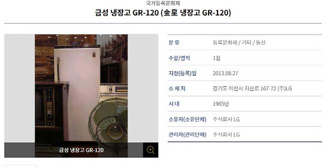 국내 최초의 냉장고인 금성사의 눈표냉장고(GR-120)(사진=문화재청)