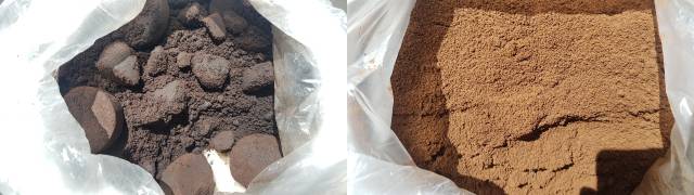 커피찌꺼기 말리기 전(좌), 말린 후(우)