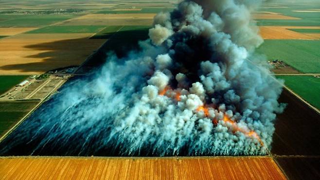 미국 워싱턴주의 한 농경지가 연기를 내뿜으며 불타고 있다. 전 세계 농촌에선 농사로 발생한 쓰레기와 땅속 해충을 없애려고 농지에 불을 지르는 일이 흔하다.  미국 워싱턴주정부 제공