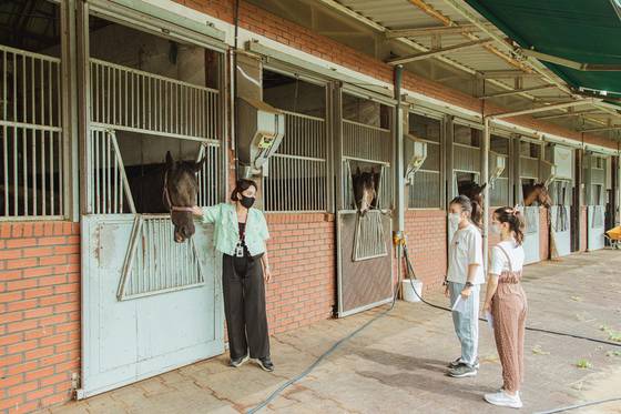 이정민(오른쪽) 강사가 도핑 검사소 옆 마방에서 도핑 검사의 정확도를 높이는 데 쓰는 실험마들을 소개했다.