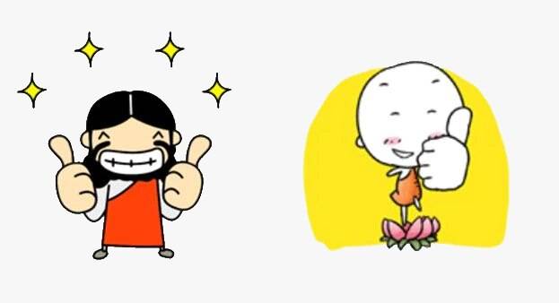 예수님과 동자승이 '엄지척'한 카카오톡 이모티콘. 각각 '샬롬스토리'와 '힘내어라' 이모티콘의 이미지이다.