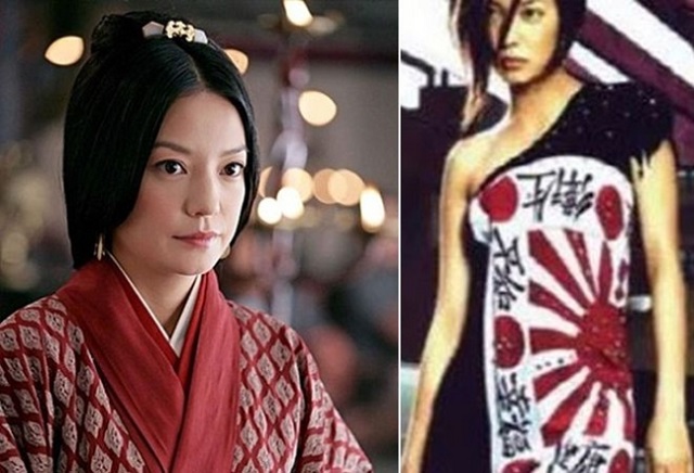 영화 '적벽대전'에 출연한 중국 여배우 자오웨이의 모습(왼쪽)과 20년 전 욱일기가 디자인된 드레스를 입은 자오웨이의 사진. 제작사 Three Kingdoms Limited 제공, 바이두