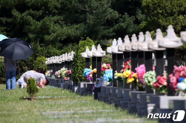 인천 부평구 인천가족공원을 찾은 시민들이 성묘를 하고 있다./뉴스1 © News1